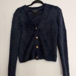 Banana Republic Navy Fuzzy V-Neck Cardigan with Gold Buttons
